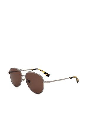 Occhiali da sole aviator con montatura in metallo, lenti marroni e aste sottili che terminano con punte a motivo tartarugato.