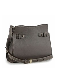 Braune Leder-Umhängetasche mit strukturiertem Design, gewölbtem Oberteil, silberner Hardware und kontrastierender weißer Naht. Verstellbarer Riemen inklusive.