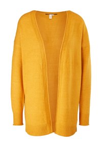 Cardigan tricoté jaune moutarde ouvert devant avec manches longues et poignets et ourlet côtelés, présenté sur fond blanc.