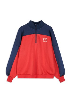Red and navy color-blocked sweatshirt with a high collar and half-zip closure. Features a white printed design on the chest and ribbed cuffs.