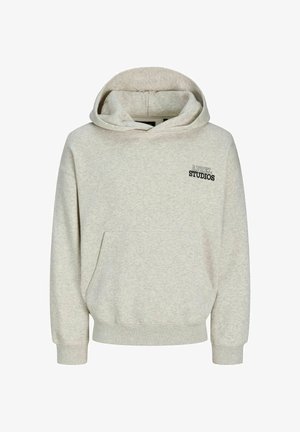 Hellegrauer Hoodie aus weichem Stoff. Mit einer Fronttasche, einer Kordelzugkapuze und schwarzem Drucktext "APREL STUDIOS" auf der Brust.