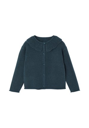 Dunkelblauer gestrickter Cardigan mit strukturiertem Kragen, Knopfverschluss und langen Ärmeln. Weiches Material mit gerippten Details an den Bündchen.