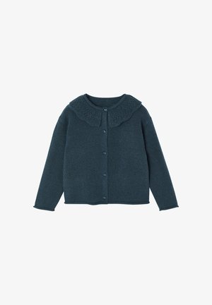 Dunkelblauer gestrickter Cardigan mit strukturiertem Kragen, Knopfverschluss und langen Ärmeln. Weiches Material mit gerippten Details an den Bündchen.