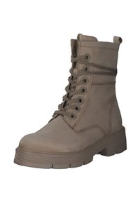 Stivaletti alla caviglia con laccio in taupe chiaro, realizzati in pelle liscia con suola in gomma spessa e punta rotonda. Presentano occhielli in metallo e lacci texturizzati.