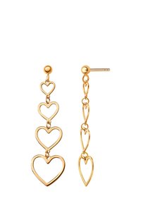 Złote kolczyki w kształcie serca z dzwoneczkami, składające się z czterech połączonych serc o różnych rozmiarach, o polerowanym wykończeniu, z zapięciem typu sztyft.