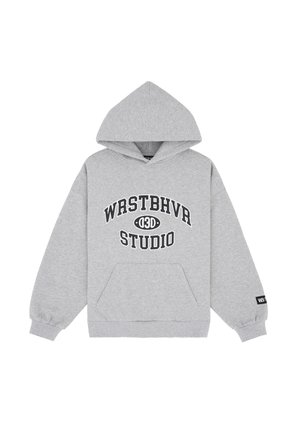 Gray hoodie made of cotton blend with a front kangaroo pocket, large front print "WRSTBHVRA STUDIO," and ribbed cuffs and hem.
