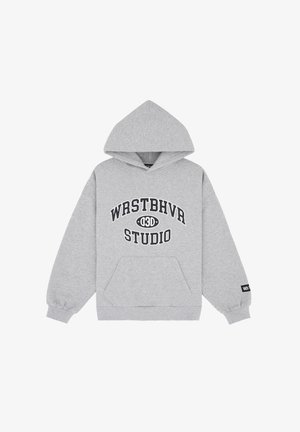 Gray hoodie made of cotton blend with a front kangaroo pocket, large front print "WRSTBHVRA STUDIO," and ribbed cuffs and hem.
