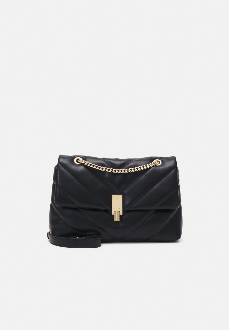Czarna pikowana skórzana torebka z złotym łańcuszkiem i frontowym zapięciem. Charakteryzuje się usztywnionym kształtem i gładką fakturą.