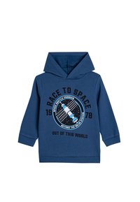 Felpa blu navy con grafica frontale che presenta un satellite, il testo "RACE TO SPACE" e un design circolare. Realizzata in morbido misto cotone.