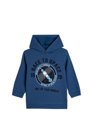 Haut à capuche bleu marine avec un graphisme à l'avant représentant un satellite, le texte "RACE TO SPACE" et un design circulaire. Fabriqué en mélange de coton doux.