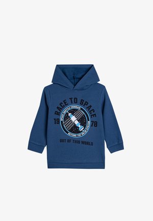 Sudadera azul marino con un gráfico frontal que presenta un satélite, el texto "CARRERA HACIA EL ESPACIO" y un diseño circular. Hecha de una suave mezcla de algodón.