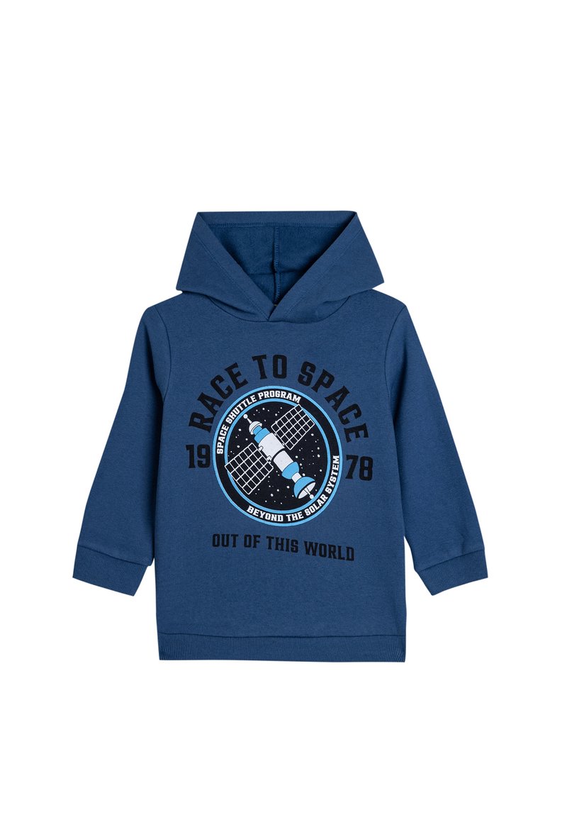 Felpa blu navy con grafica frontale che presenta un satellite, il testo "RACE TO SPACE" e un design circolare. Realizzata in morbido misto cotone.