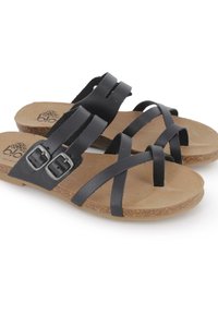 Sandalias de cuero negro con múltiples correas cruzadas y dos hebillas decorativas, con una plantilla de corcho marrón texturizada y una suela flexible.