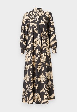 Μαύρο μακρυμάνικο μάξι φόρεμα με μεγάλο μπεζ floral σχέδιο, ψηλό γιακά, μανσέτες με κουμπιά και πλισέ λεπτομέρεια στο εμπρόσθιο μέρος.