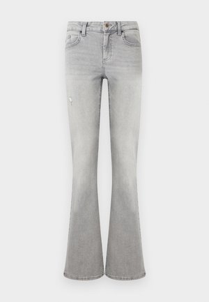 Jean flare taille haute pour femmes en gris clair avec poches avant, fermeture par bouton et un petit détail usé sur la cuisse gauche.