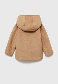 Hnedá semišová bunda s kapucňou, s jednoduchým dizajnom a rovnými rukávmi. Mäkká textúra s pekne dokončenými švami.