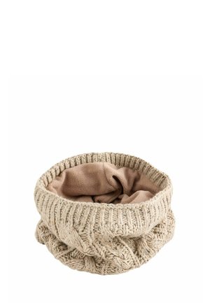 Beige knit winter neck warmer with ribbed edge and soft fleece lining inside, shown flat and open.