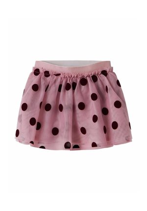 Falda tutu rosa con grandes lunares negros, cintura elástica y tela transparente en capas.