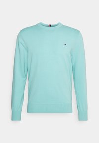 Maglione lavorato a maglia di un azzurro chiaro con maniche lunghe e scollatura rotonda. Presenta un piccolo logo sul petto e orli a costine. Texture morbida, design informale.