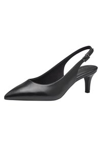 Tacco slingback in pelle nera con punta affilata, tacco slim, cinturino regolabile e superficie liscia. Presenta un design semplice e lineare.