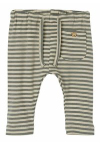 Pantaloni pentru copii cu dungi dintr-un material moale, ribbat. Au un talie cu șnur, o buzunar frontal cu nasture și dungi alternative gri și crem.