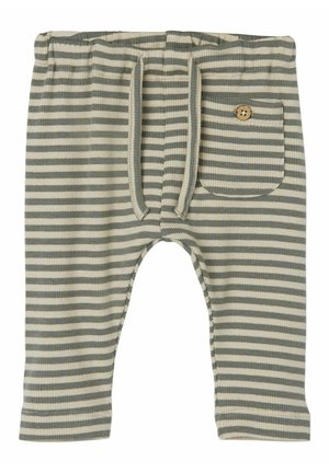 Gestreifte Kleinkind-Hosen aus weichem, geripptem Stoff. Mit einem Kordelzugbund, einer vorderen Tasche mit Knopf und abwechselnden grauen und cremefarbenen Streifen.