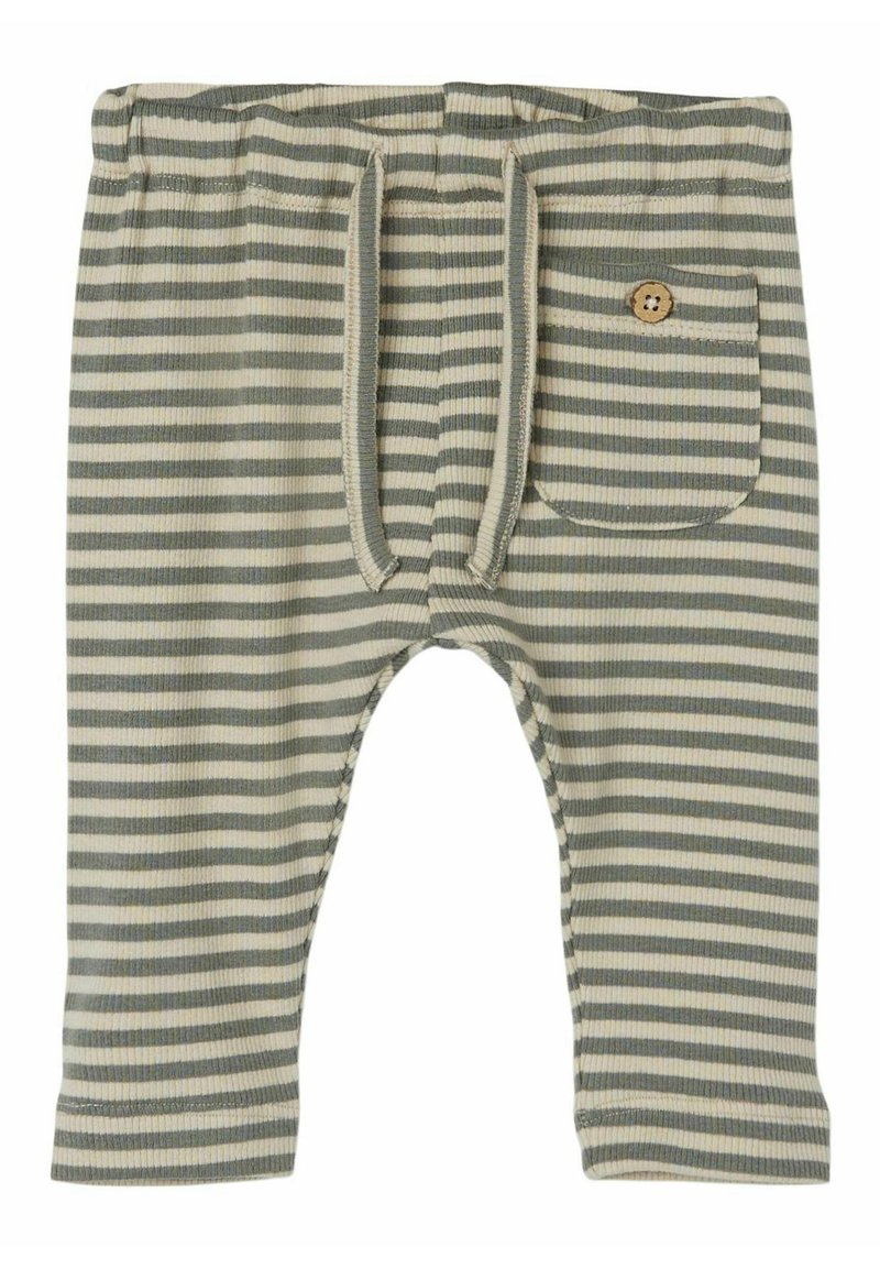 Pantaloni pentru copii cu dungi dintr-un material moale, ribbat. Au un talie cu șnur, o buzunar frontal cu nasture și dungi alternative gri și crem.