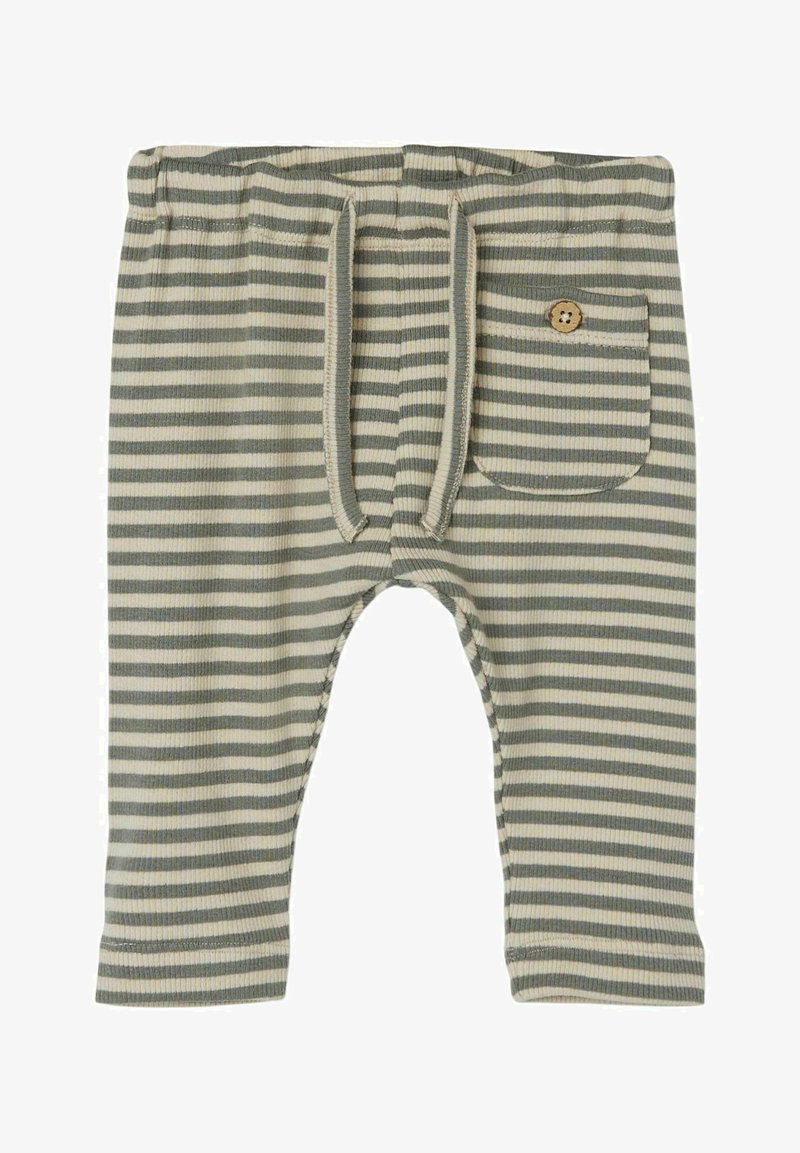 Randiga byxor för småbarn i mjukt, ribbat tyg. Har en dragsko i midjan, en framlapp med en knapp, och växlande grå och krämfärgade ränder.