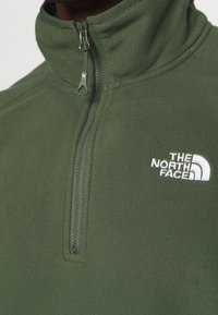 Grüner Fleece-Pullover mit hochschließendem Kragen, Viertelreißverschluss und einem weißen Logo auf der Brust. Weiche Textur, minimalistisches Design.