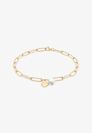 Goldfarbiges Kettenarmband mit verlängerten Gliedern, verziert mit einem glatten, abgerundeten goldenen Anhänger und einem weißen Perlakzent.