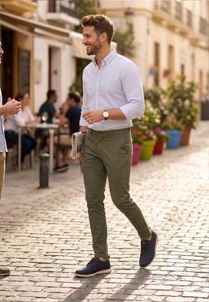 Hombre con camisa de rayas y pantalones oliva sosteniendo un periódico, sonriendo, caminando por una calle empedrada con macetas y un café al aire libre.