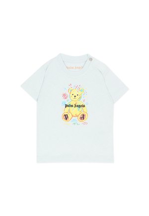 T-shirt bleu clair pour tout-petit avec un graphisme coloré d'ours en peluche et le texte "Palm Angels" à l'avant, doté d'un bouton-pression sur l'épaule.