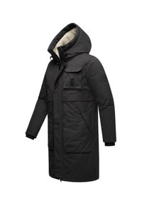 Juodas parka tipo švarkas su kailiu išklota kapuce, užtrauktuku ir mygtukų uždarymu, dviem priekinėm kišenėm ir raštuotais rankogaliais. Lygi tekstūra su elegantišku dizainu.