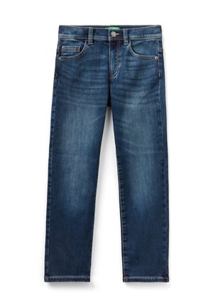 Jean droit en denim bleu avec poches avant, passants de ceinture, fermeture par bouton et détails subtilement délavés sur les cuisses et les genoux.