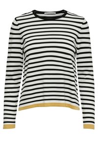 Chemise à manches longues avec des rayures horizontales noires et blanches, col rond, et bordure jaune moutarde aux poignets et à l'ourlet.