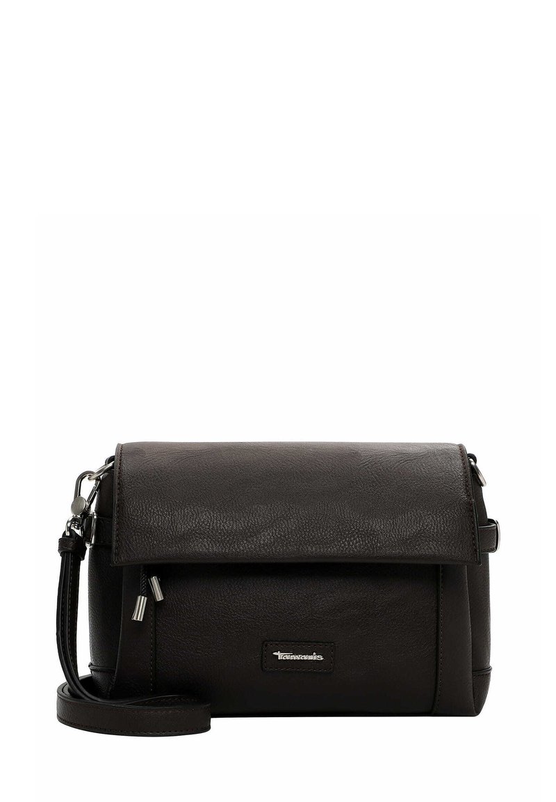 Black leather crossbody bag with a flap closure, textured surface, silver hardware, and an adjustable strap. Features a logo detail.