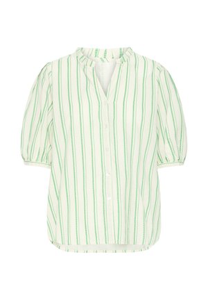 Bela bluza z navpičnimi zelenimi črtami, kratkimi nabranimi rokavi, sprednjim delom z gumbi in majhnim stoječim ovratnikom.