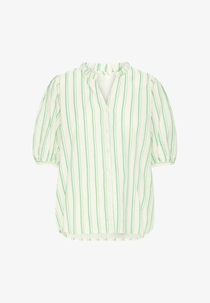 Bela bluza z navpičnimi zelenimi črtami, kratkimi nabranimi rokavi, sprednjim delom z gumbi in majhnim stoječim ovratnikom.