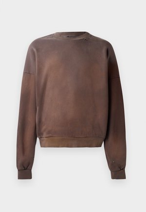 Brown sweatshirt with long sleeves, round neck, and ribbed cuffs. Features a faded, mottled texture with subtle distressing details.