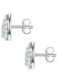 Sudraba ieduršanas auskari ar apaļu dizainu, kas rotāti ar caurspīdīgām apaļām akmeņiem, ar pulētu metāla apdari un drošiem spiedpogas aizdariem.