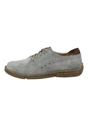 Gray suede shoe with a rounded toe, textured burlap-like sole, and light gray laces. Features decorative perforations along the side.