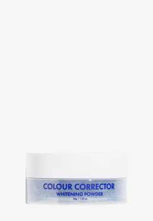 Frasco transparente de Polvo Blanqueador Corrector de Color con tapa blanca, que contiene 30 g (1,05 oz) de producto cosmético sobre fondo liso.