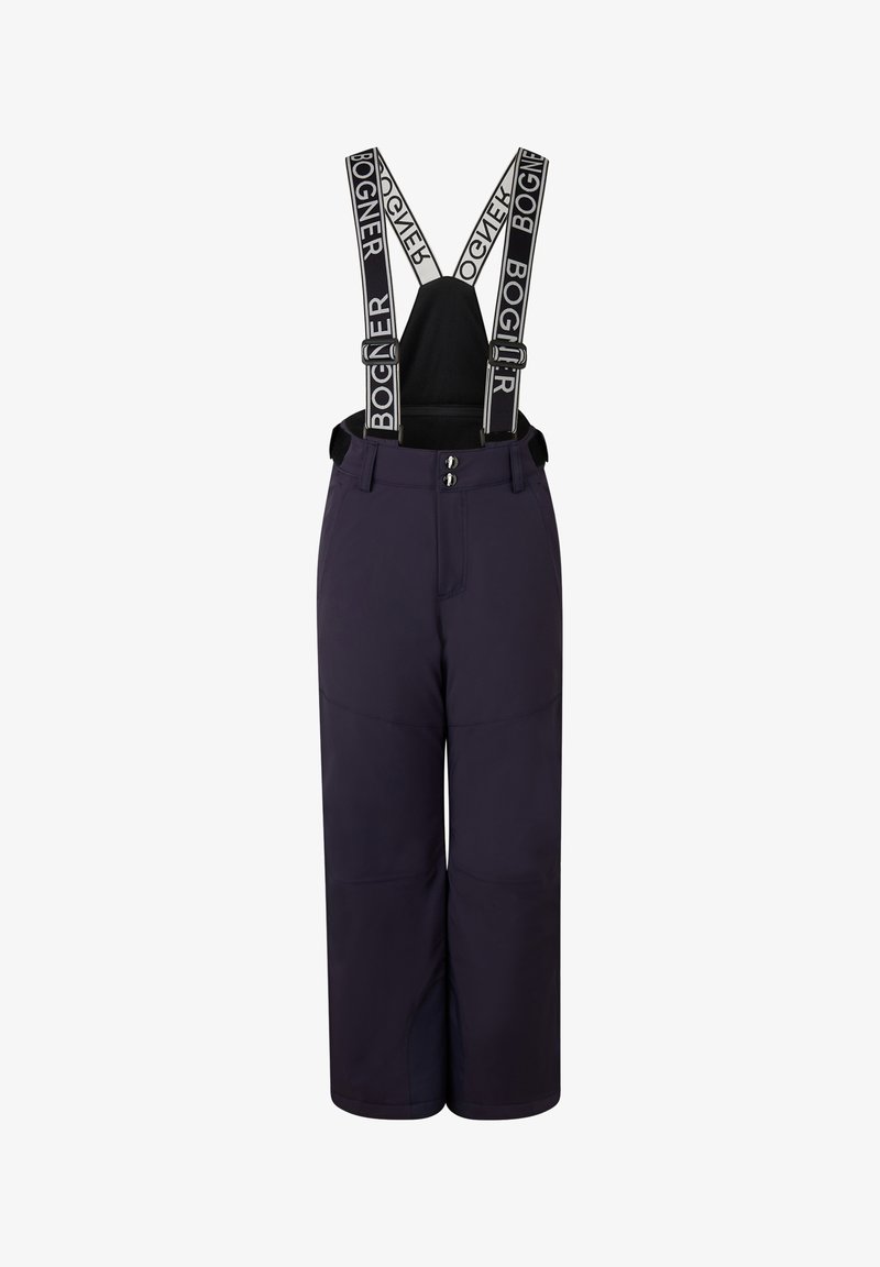 Námořnické lyžařské kalhoty s nastavitelnými černobílými značkovými kšandy, dvěma předními knoflíky a volným střihem. Obsahují vyztužené švy.