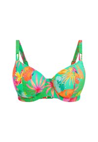 Bikini top s barevným tropickým potiskem v zelených, oranžových a růžových odstínech, s vycpávanými košíčky, nastavitelnými ramínky a zapínáním na klips na zadní straně.
