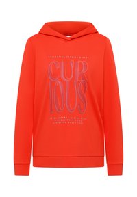 Sweat à capuche orange vif avec un grand texte "CURIOUS" et des phrases inspirantes plus petites à l'avant, doté d'une capuche et de manches longues.
