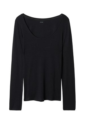 Černý top s dlouhým rukávem a širokým vykrojením, vyrobený z měkkého, elastického materiálu. Má hladkou strukturu a jednoduchý design bez vzorů.