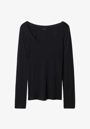 Haut noir à manches longues avec un large décolleté arrondi, fabriqué en tissu doux et extensible. Il présente une texture lisse et un design simple sans motifs.