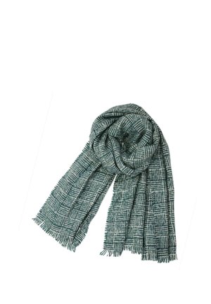 Bufanda a cuadros verde y crema, fabricada en un tejido suave, con bordes desflecados y un tejido texturizado en forma rectangular.