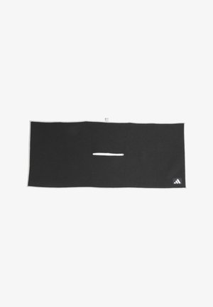 Black rectangular towel with a central horizontal slot and a white Adidas logo in the bottom right corner.