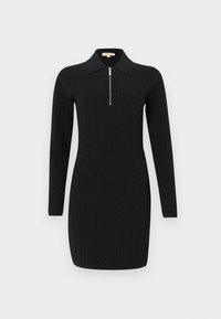 Μαύρο πλεκτό φόρεμα με μακριά μανίκια, με υφασμένους κάθετους σχεδιασμούς, γιακά και μισό φερμουάρ στο μπροστινό μέρος.